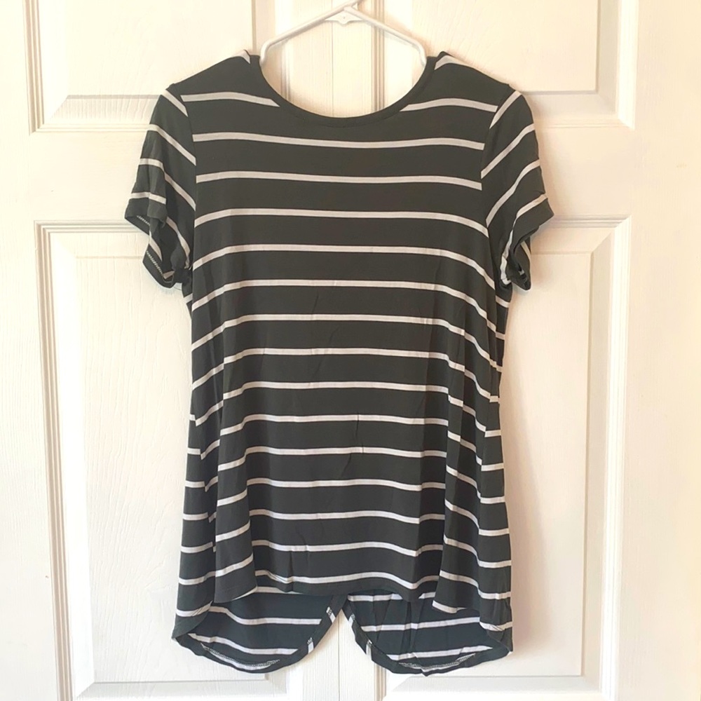 green and white striped top with open back